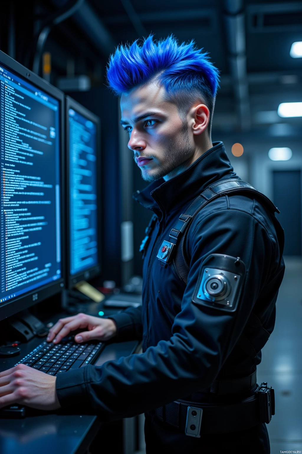 A person with blue hair in a futuristic outfit is working on a computer.