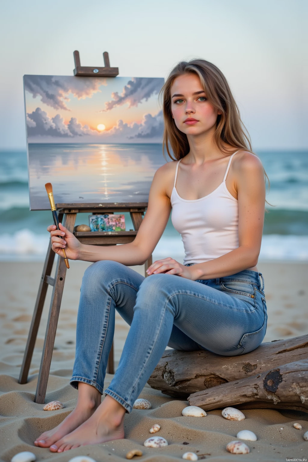 A person sits on a log by the beach, holding a paintbrush, with an easel displaying a painting of a sunset in the background.