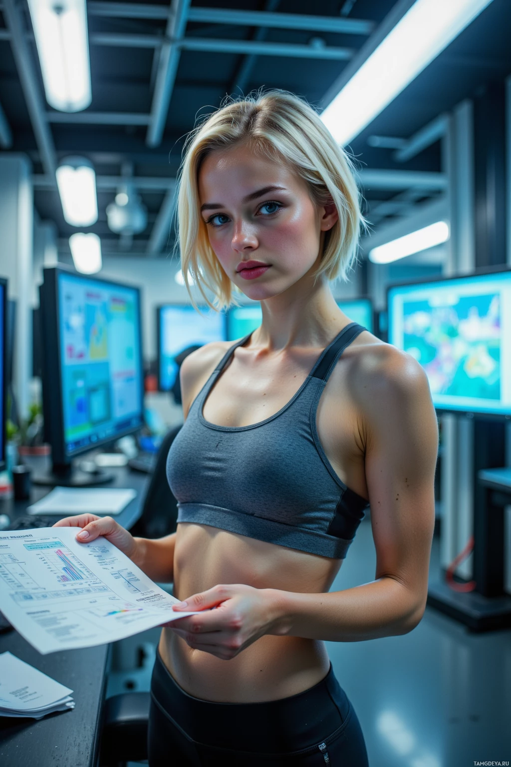 A woman in a sports bra and leggings holds a document in a modern office setting.