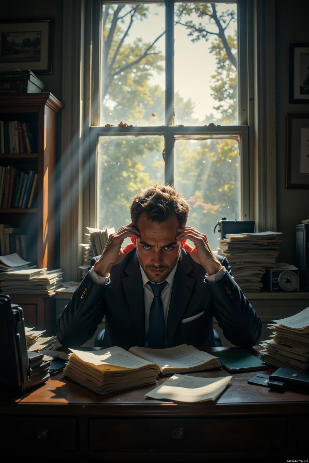 A man in a suit sits at a desk with books and papers, looking contemplative.