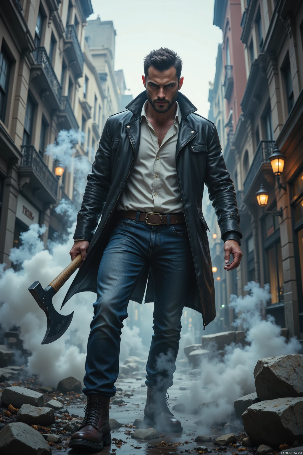 A man in a leather coat and jeans stands in a smoky alleyway, holding an axe.