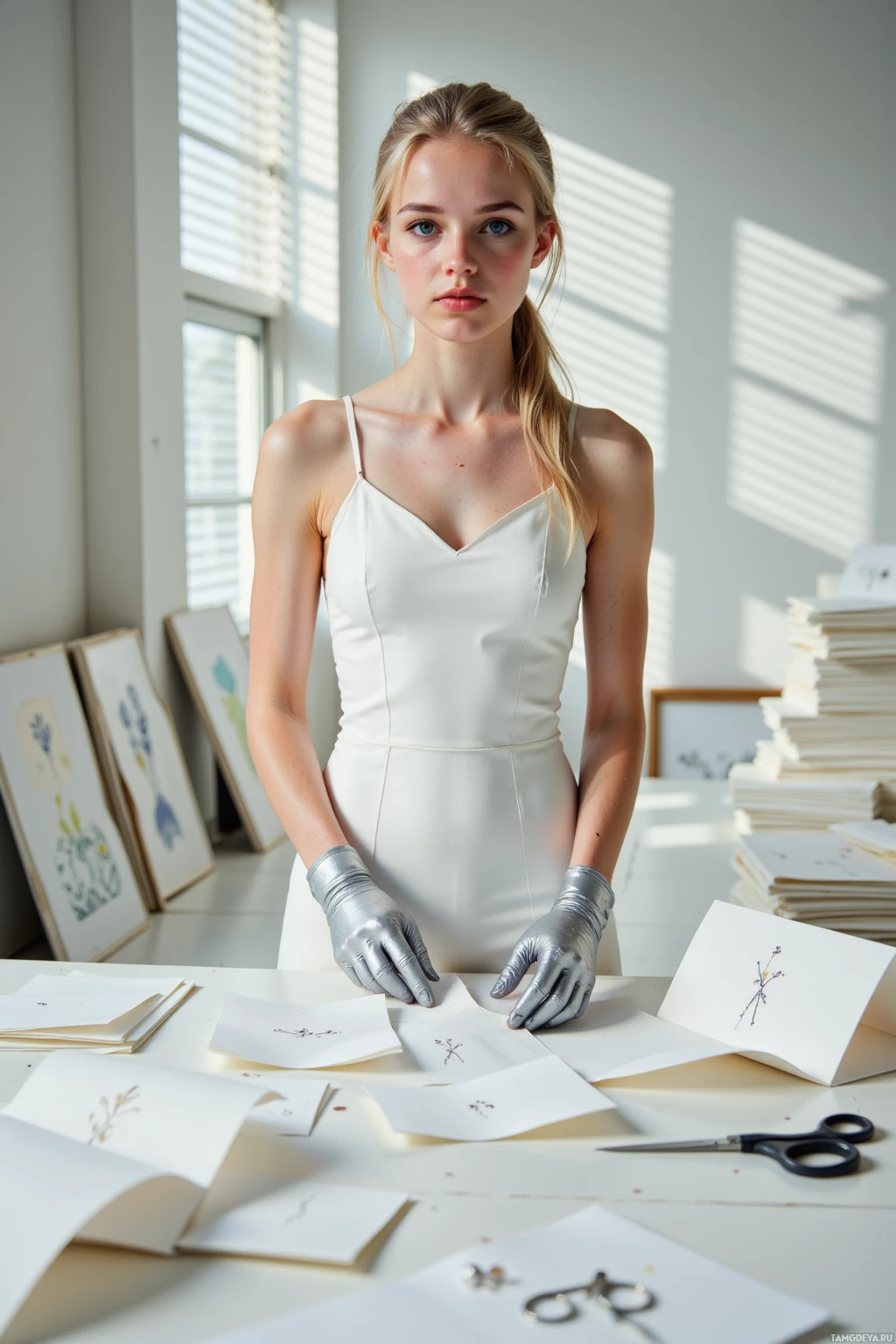 A woman in a white dress and silver gloves stands at a table with papers and scissors.