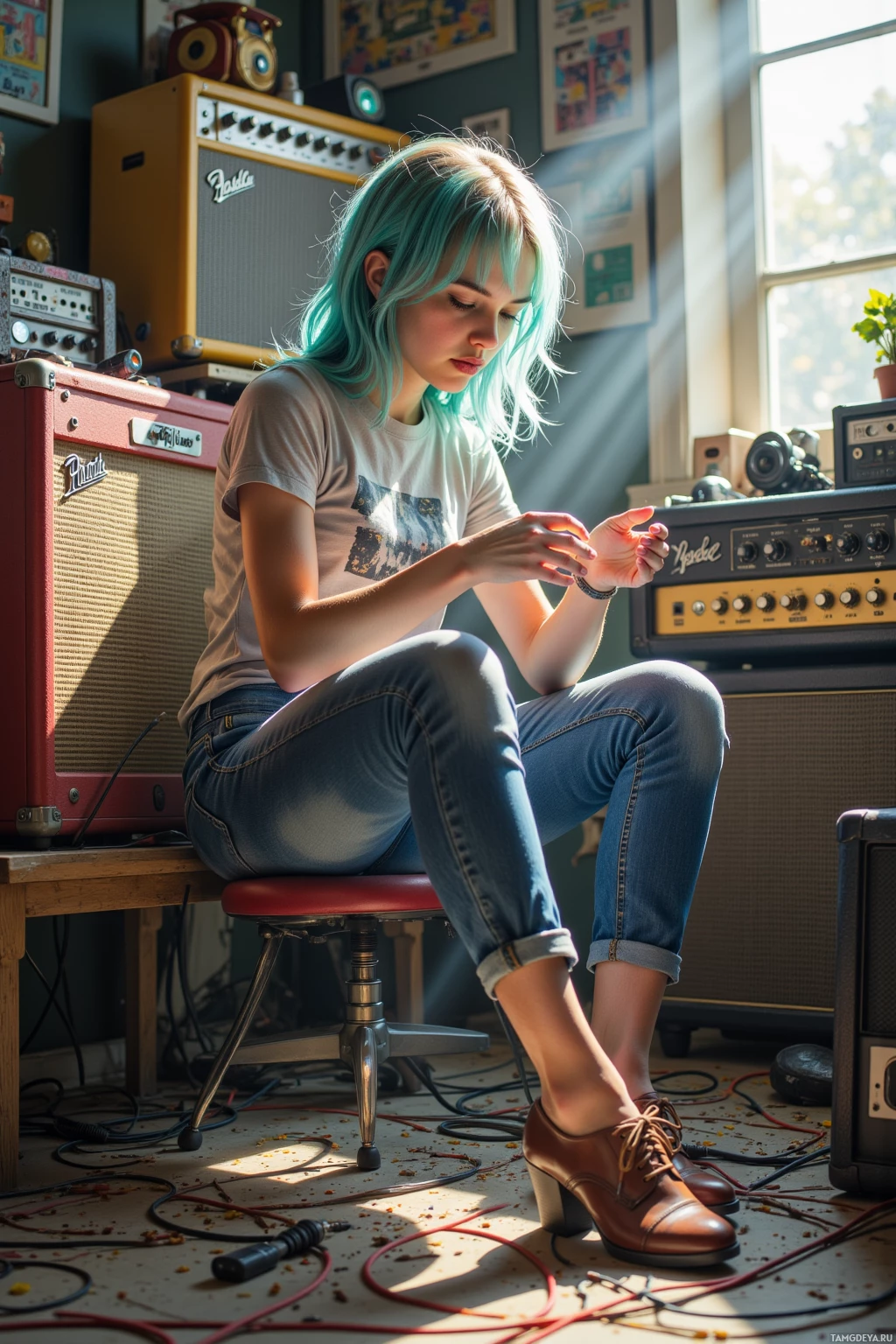A person with teal hair sits in a music studio, surrounded by amplifiers and cables.