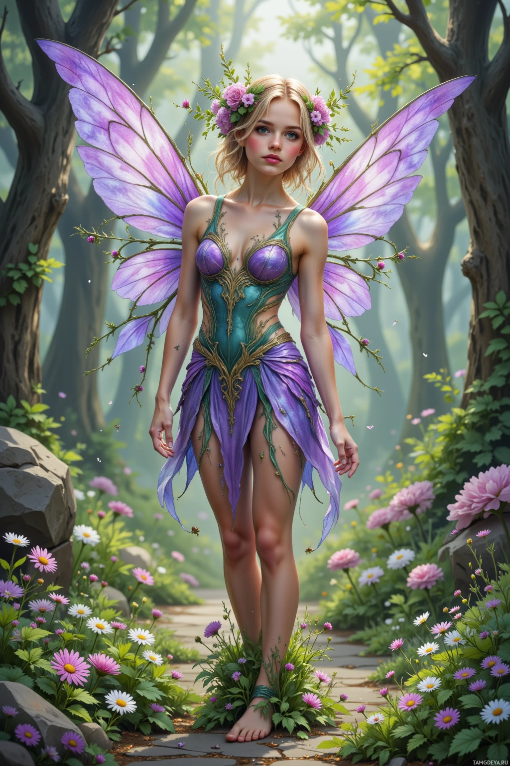 A fairy with purple wings and a floral crown stands in a lush forest.