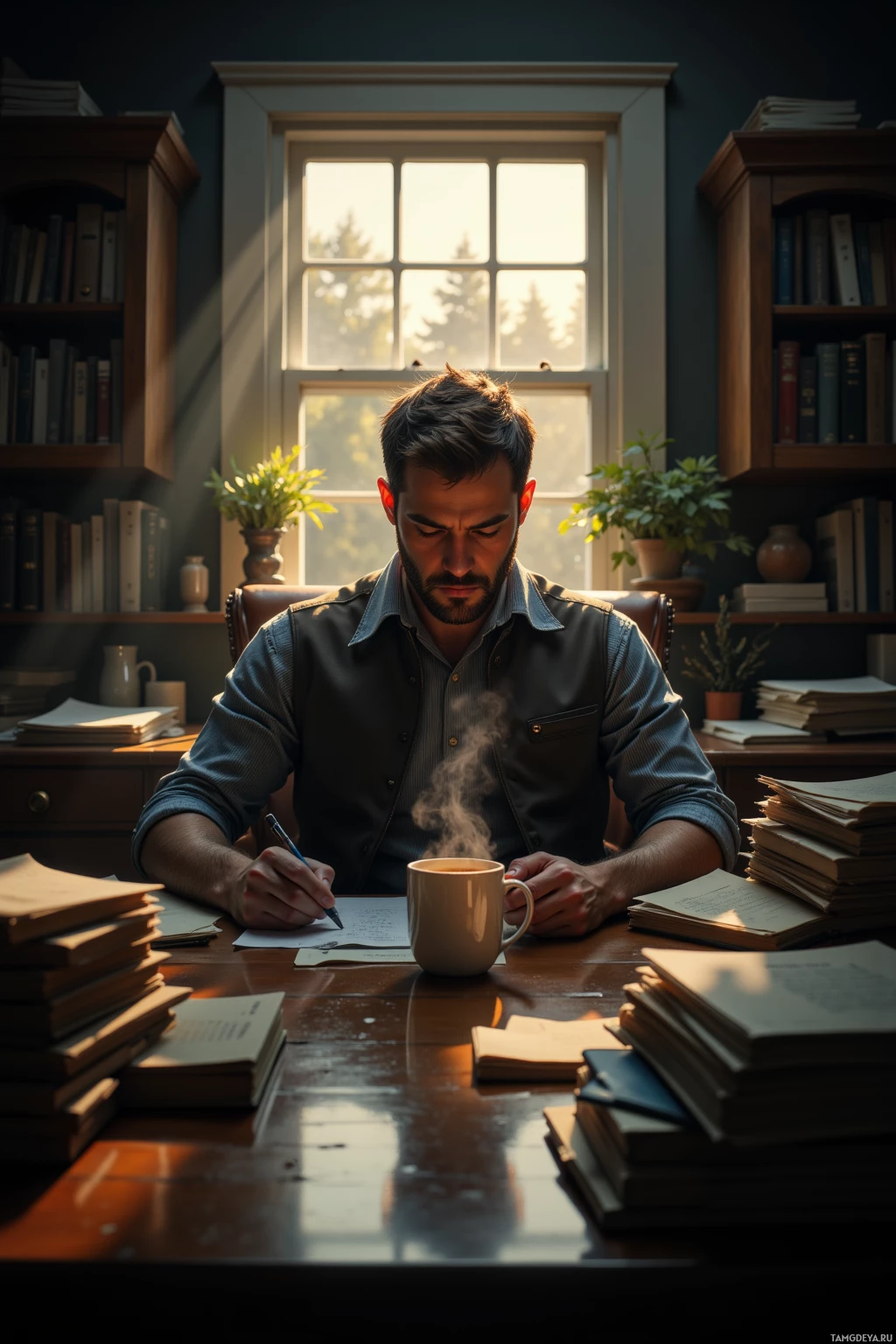 A man sits at a desk in a study, writing and sipping from a steaming mug.