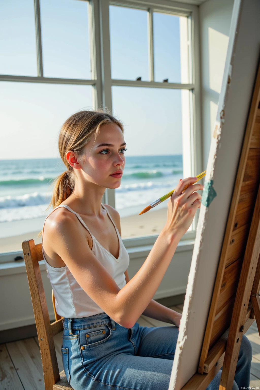 A woman sits on a chair by a window, painting on an easel with a view of the ocean.