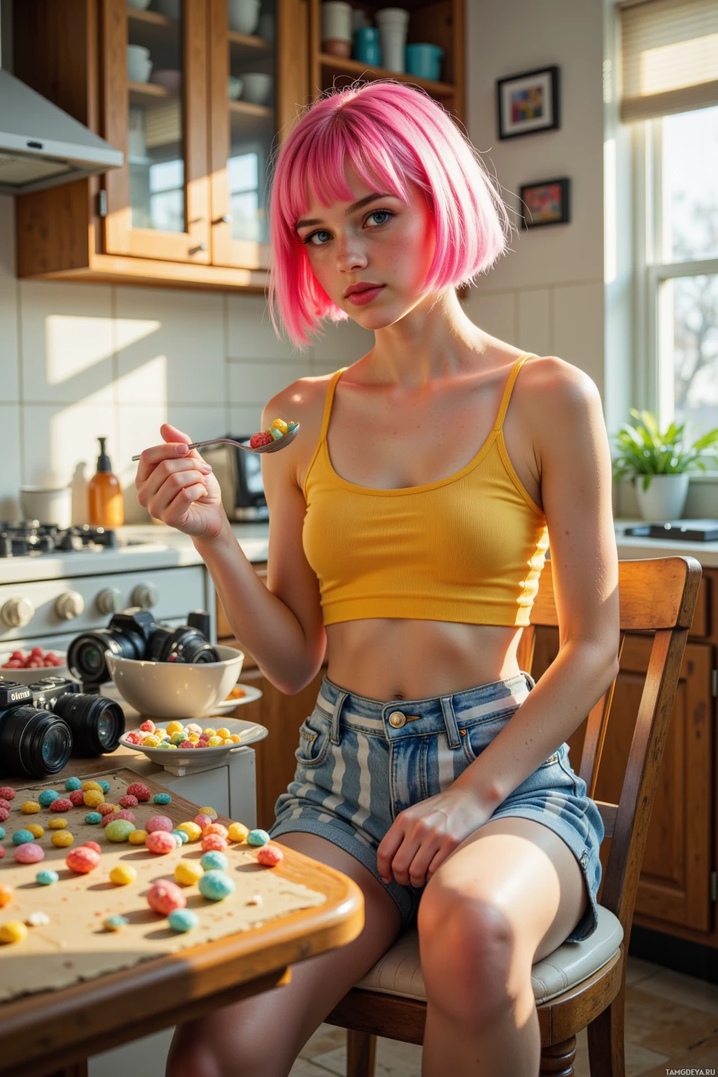 A person with pink hair sits in a kitchen, holding a spoon with colorful cereal, wearing a yellow top and denim shorts.