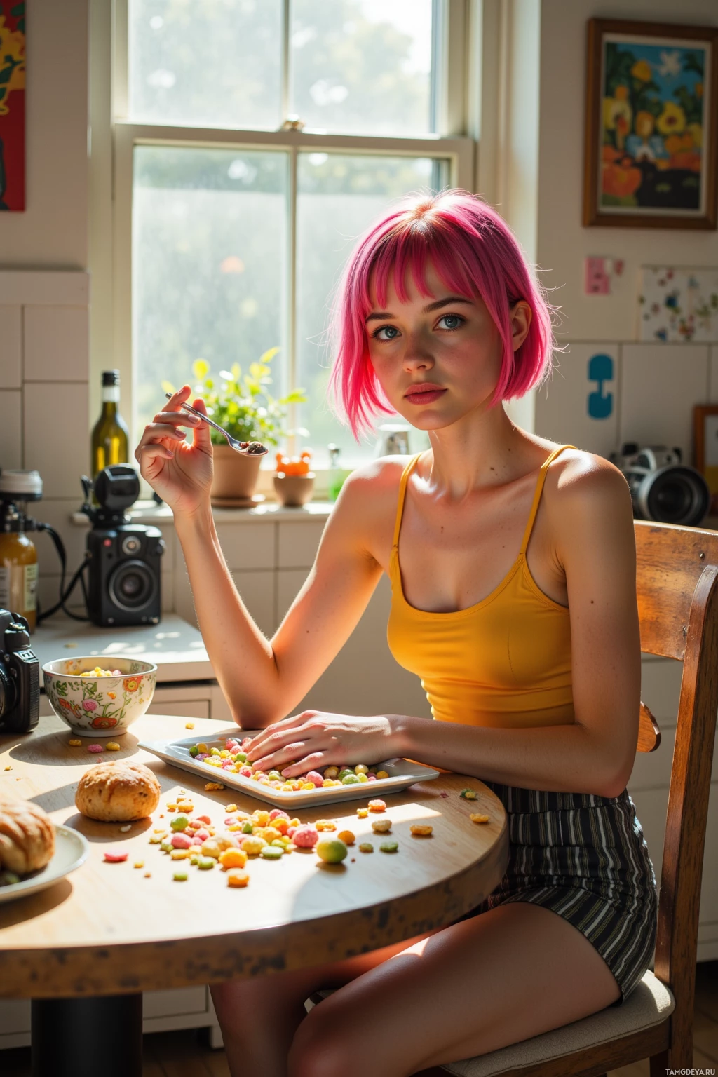 A person with pink hair sits at a table, holding a spoon and surrounded by colorful cereal and a bowl.