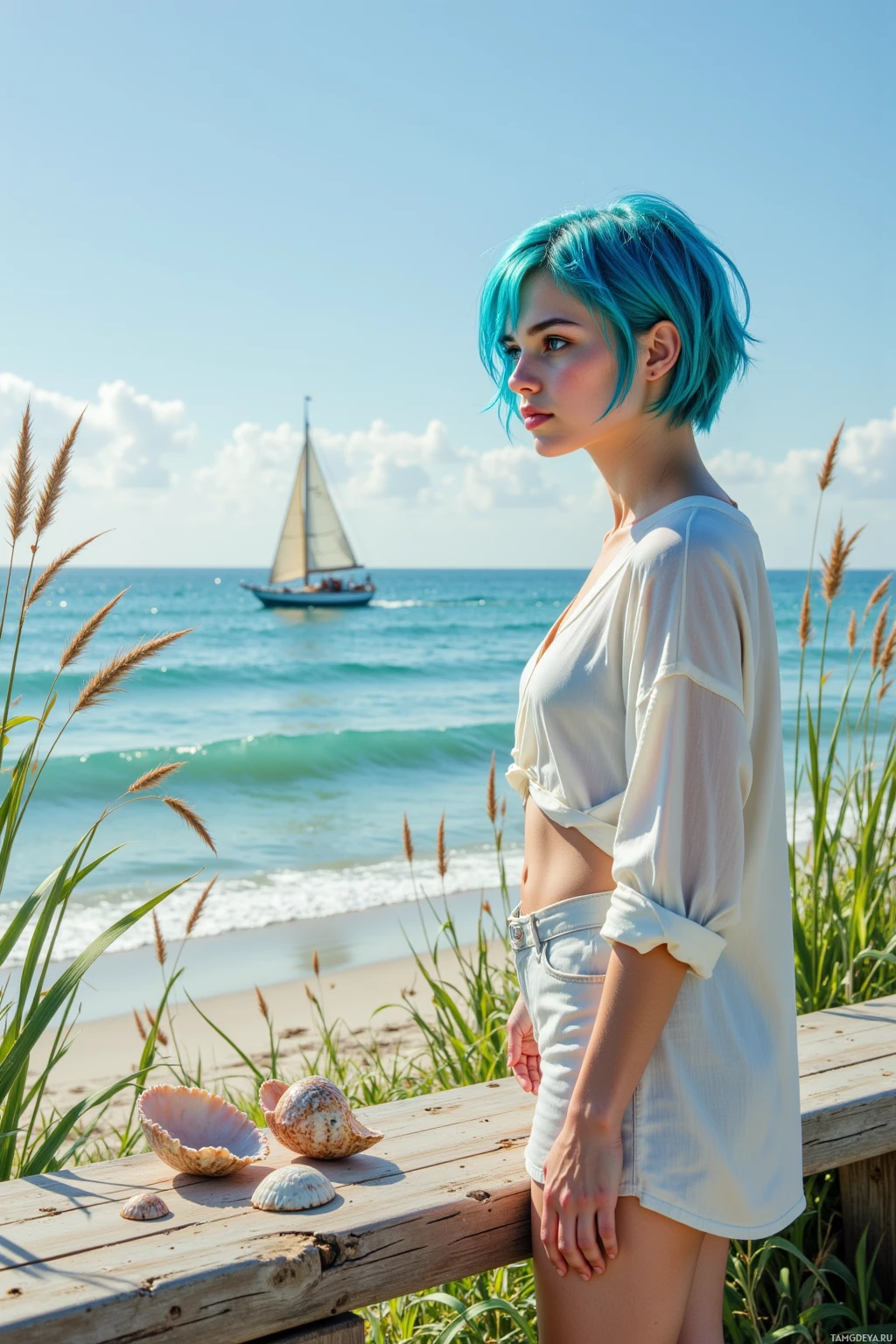 A person with teal hair stands on a wooden bench by the beach, with a sailboat and ocean waves in the background.