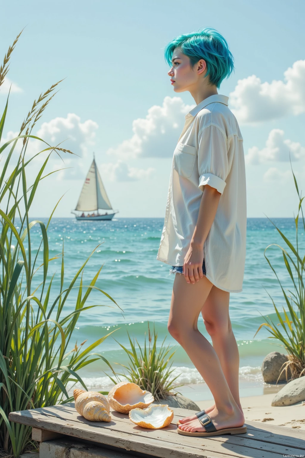 A person with blue hair stands on a wooden platform by the sea, with a sailboat and seashells in the background.