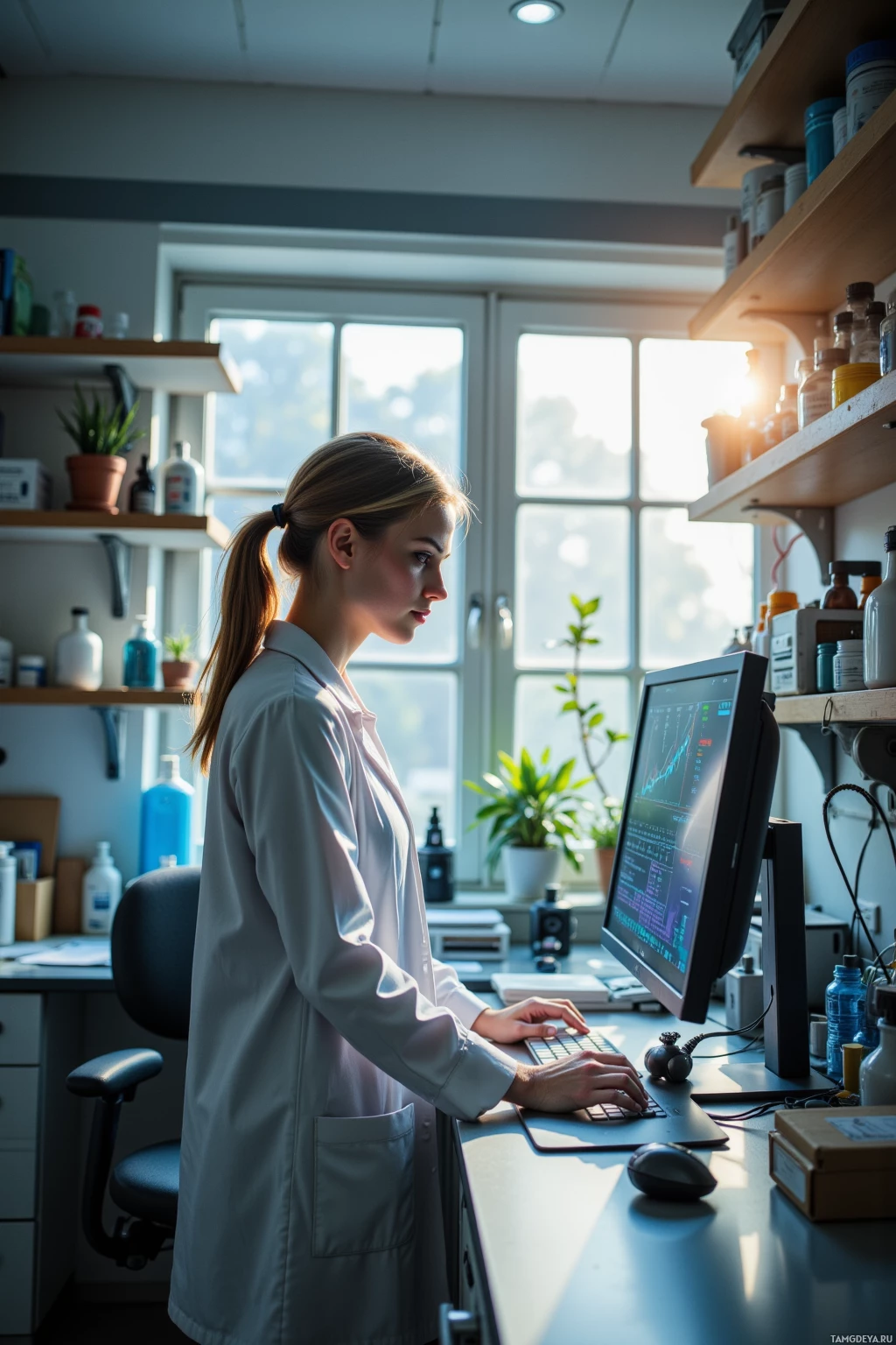 A scientist in a lab coat works at a computer in a well-lit laboratory.
