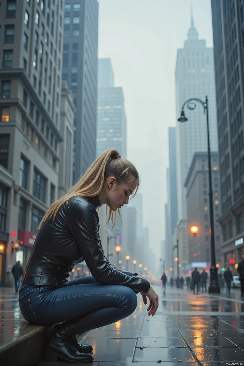 A woman in a leather jacket sits on a curb in a city street with tall buildings and streetlights.