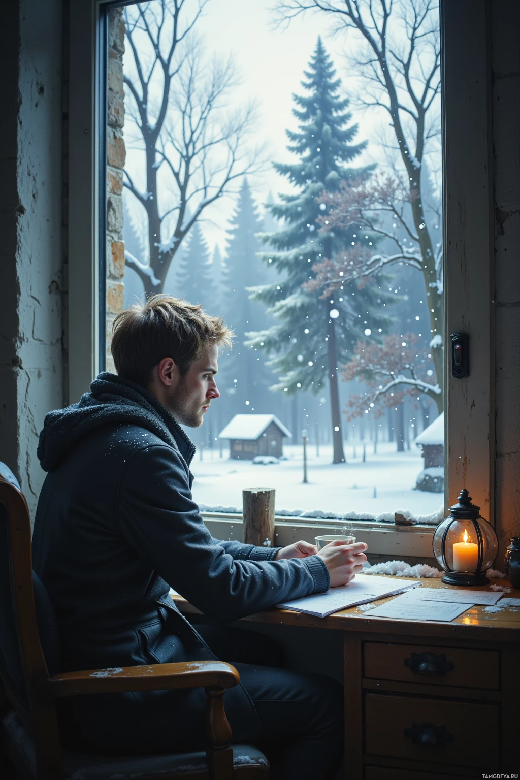 A person sits at a desk by a window, gazing out at a snowy forest scene.