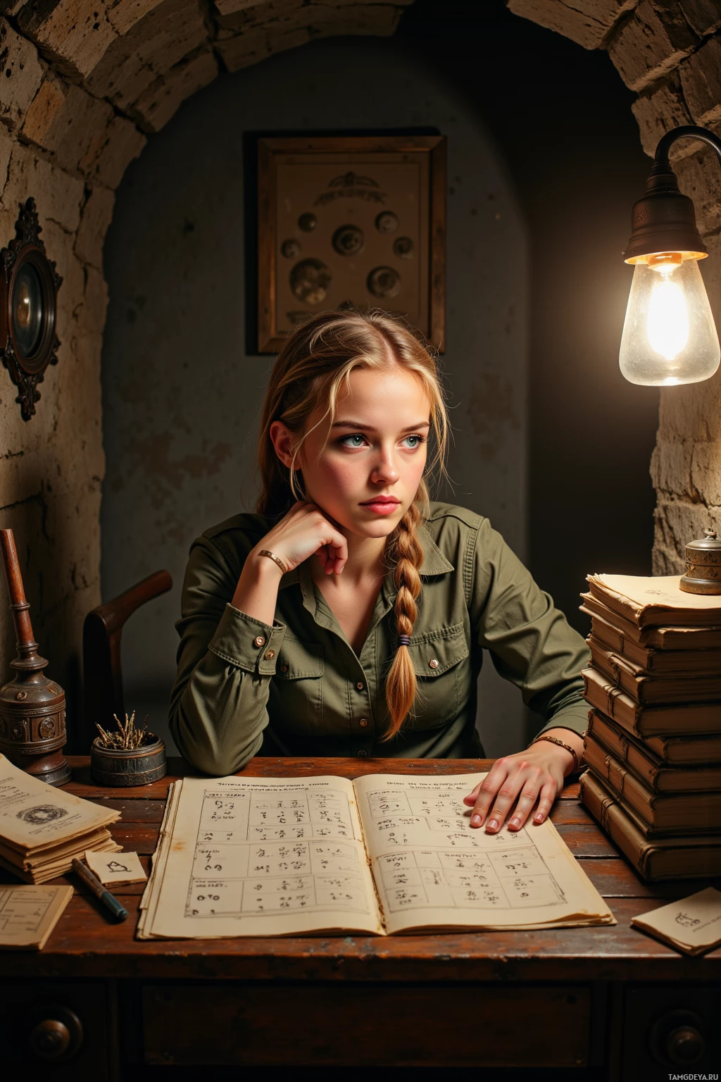 A young woman sits at a desk with books and a lamp, appearing thoughtful.