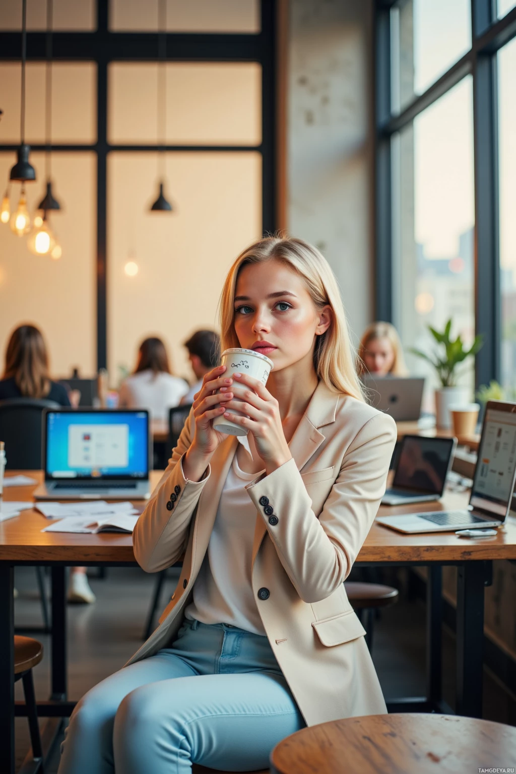 A woman in a professional setting holds a coffee cup while seated at a desk.