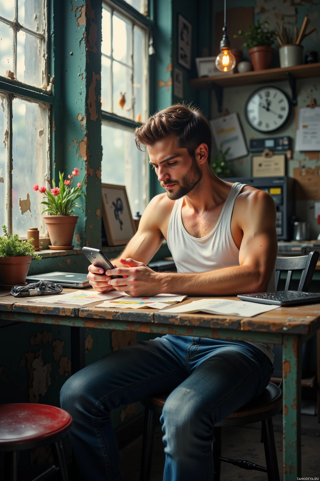 A man sits at a rustic table, using a smartphone in a cozy, vintage-style room.