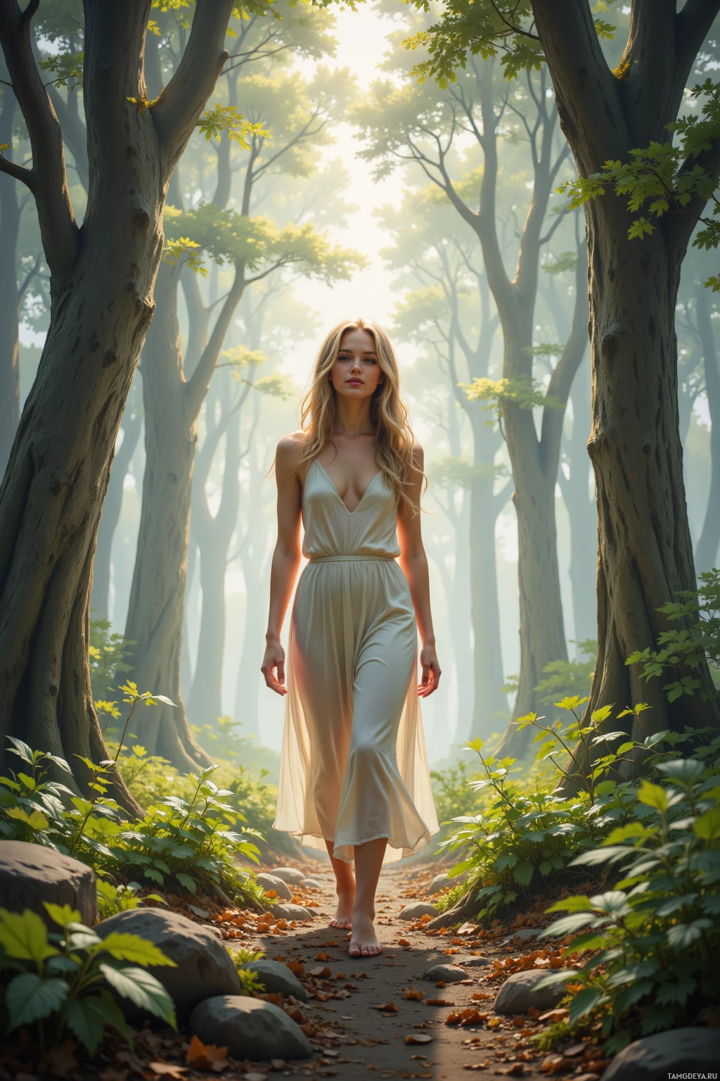 A woman in a flowing dress walks barefoot along a forest path.