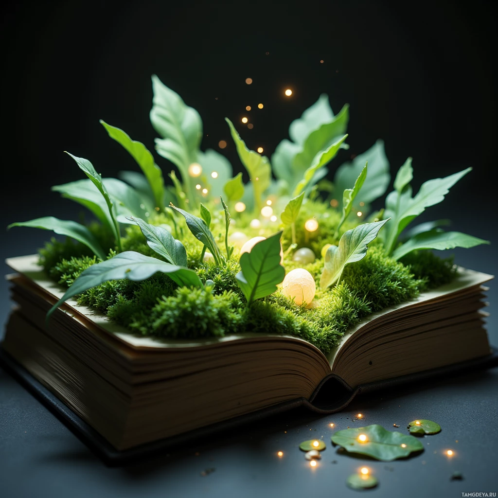 An open book is adorned with moss and greenery, illuminated by small glowing lights.