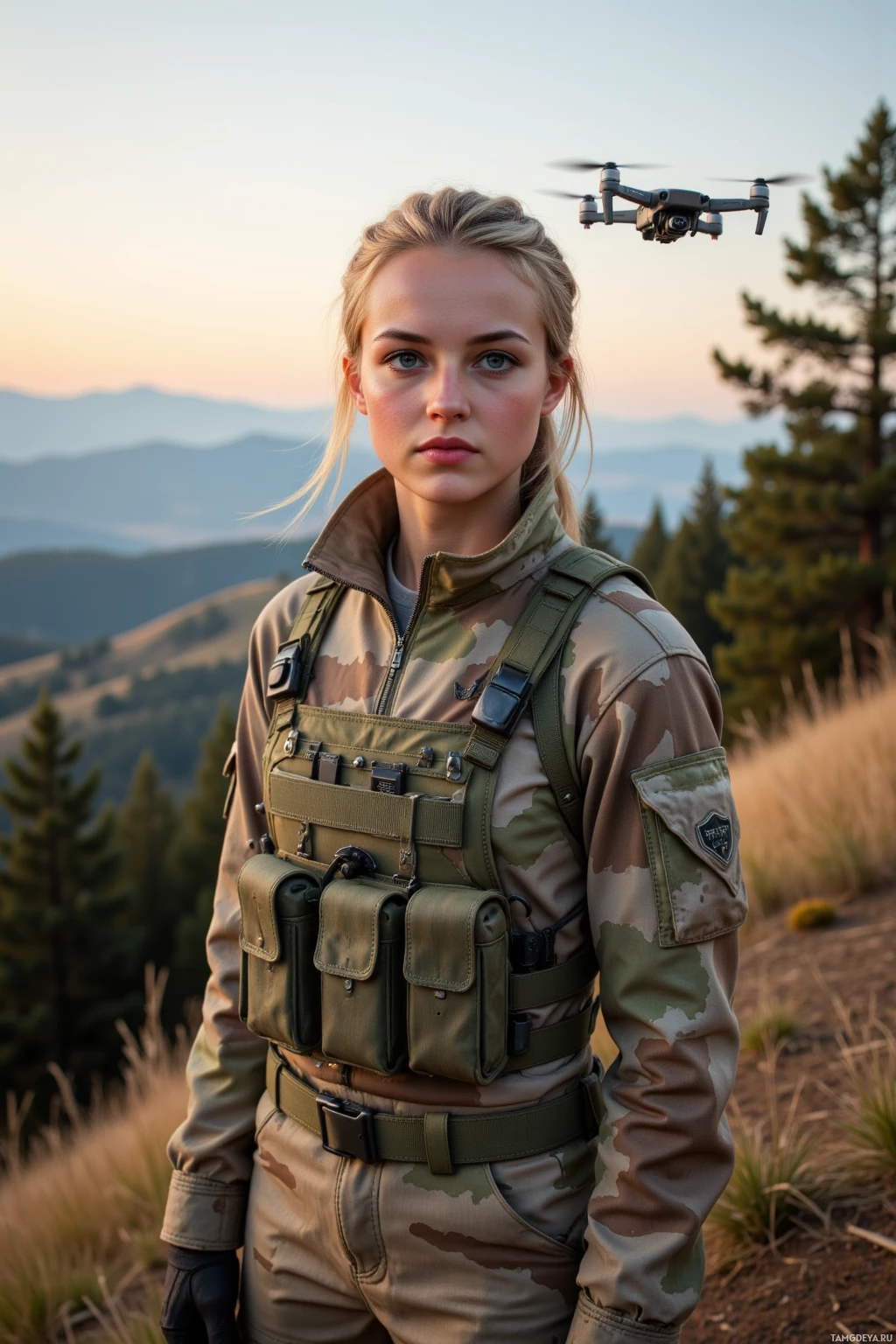 A person in military attire stands outdoors with a drone hovering above them against a scenic backdrop of mountains and trees at sunset.