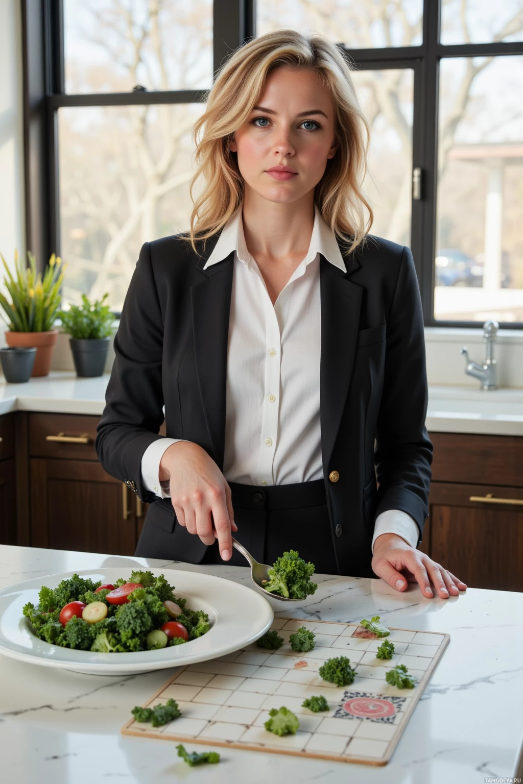 A person in formal attire is preparing or serving a salad on a kitchen counter with a checkered board game nearby.