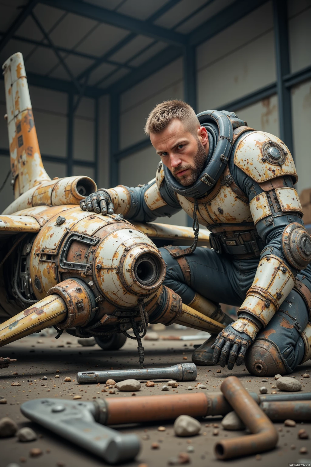 A person in a futuristic, rusted suit is kneeling beside a large, rusted mechanical object in a dimly lit industrial setting.