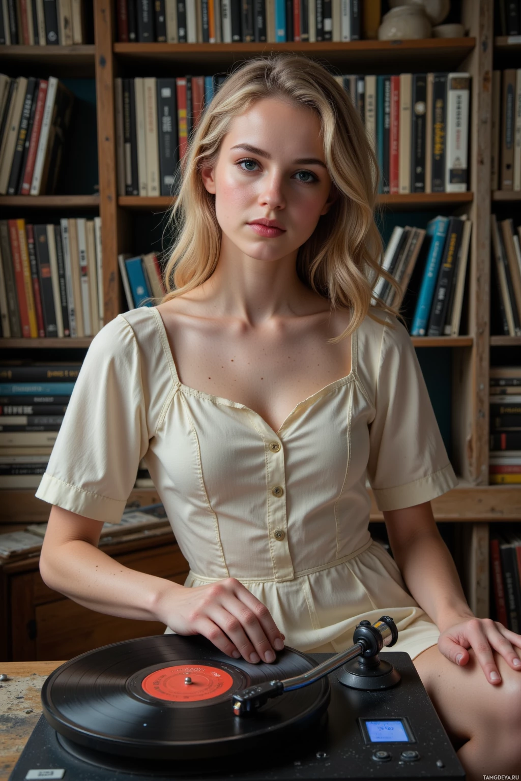 A woman in a cream dress stands in front of a bookshelf, holding a vinyl record player.