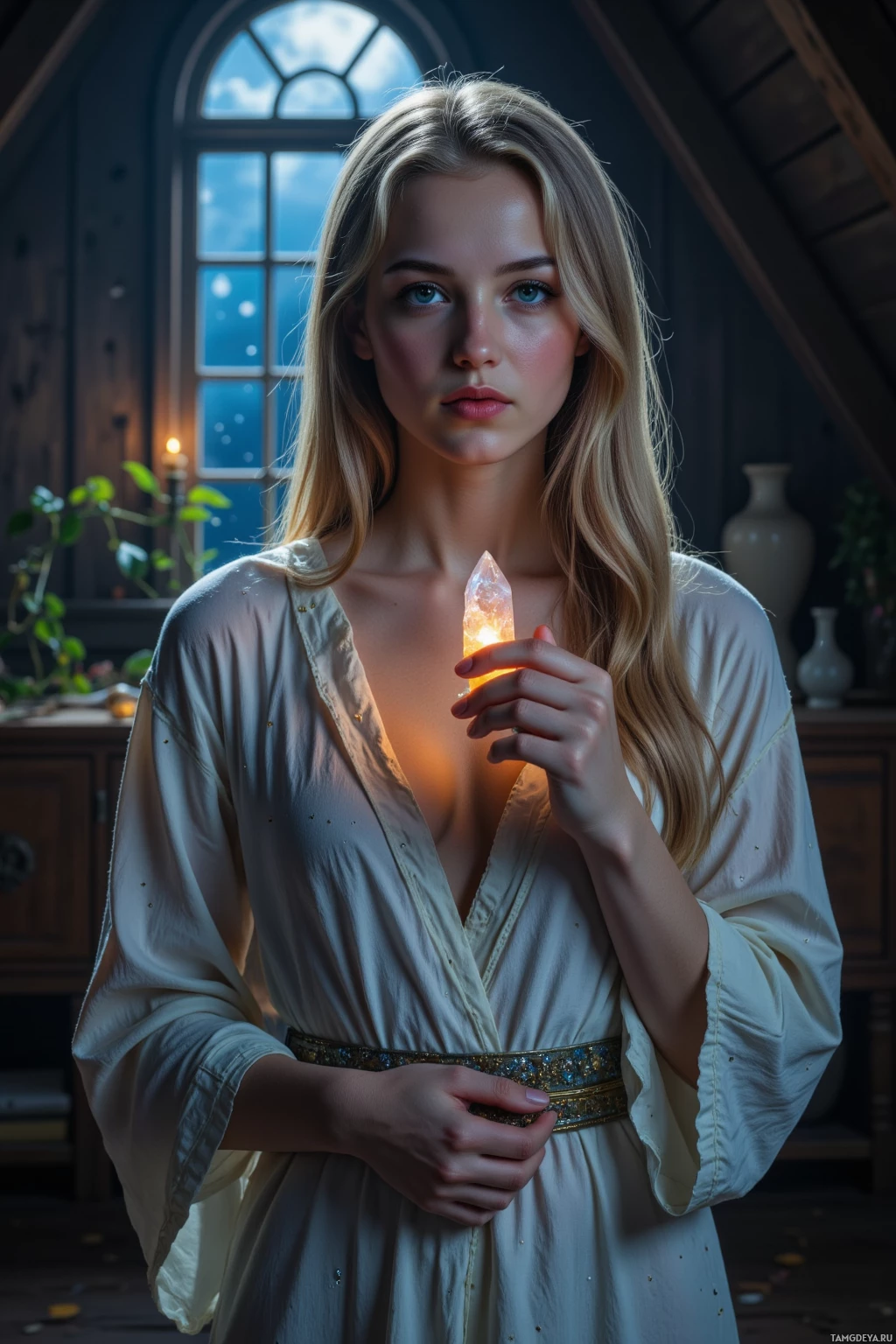 A person in a white robe holds a glowing crystal in a dimly lit room with a window.