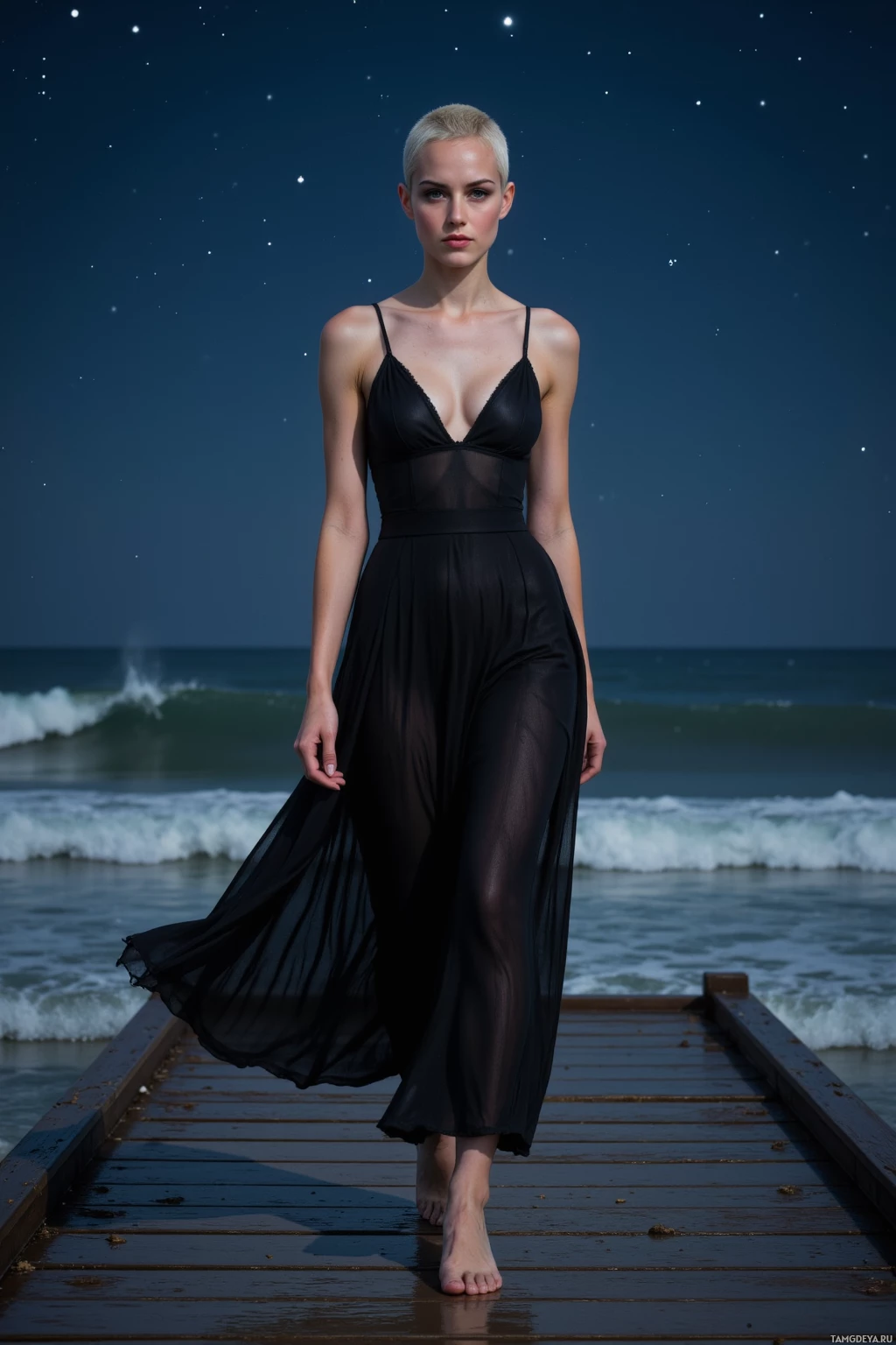 A person in a black dress walks barefoot on a wooden pier by the ocean under a starry night sky.