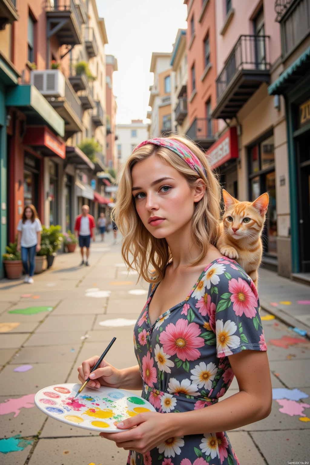 A person wearing a floral dress holds an orange cat on their shoulder and a paint palette in front of them while standing on a street with buildings in the background.