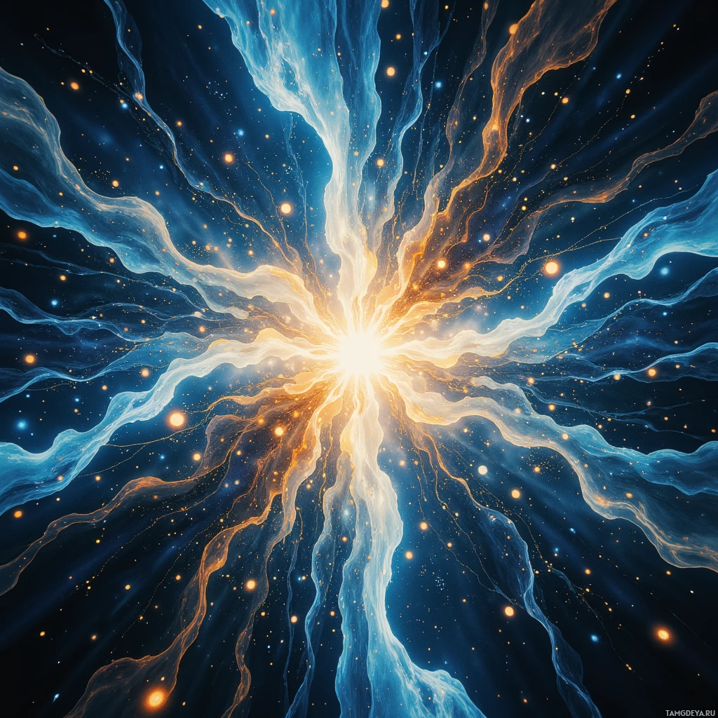 A vibrant cosmic scene with glowing blue and orange streams radiating outward against a dark starry background.