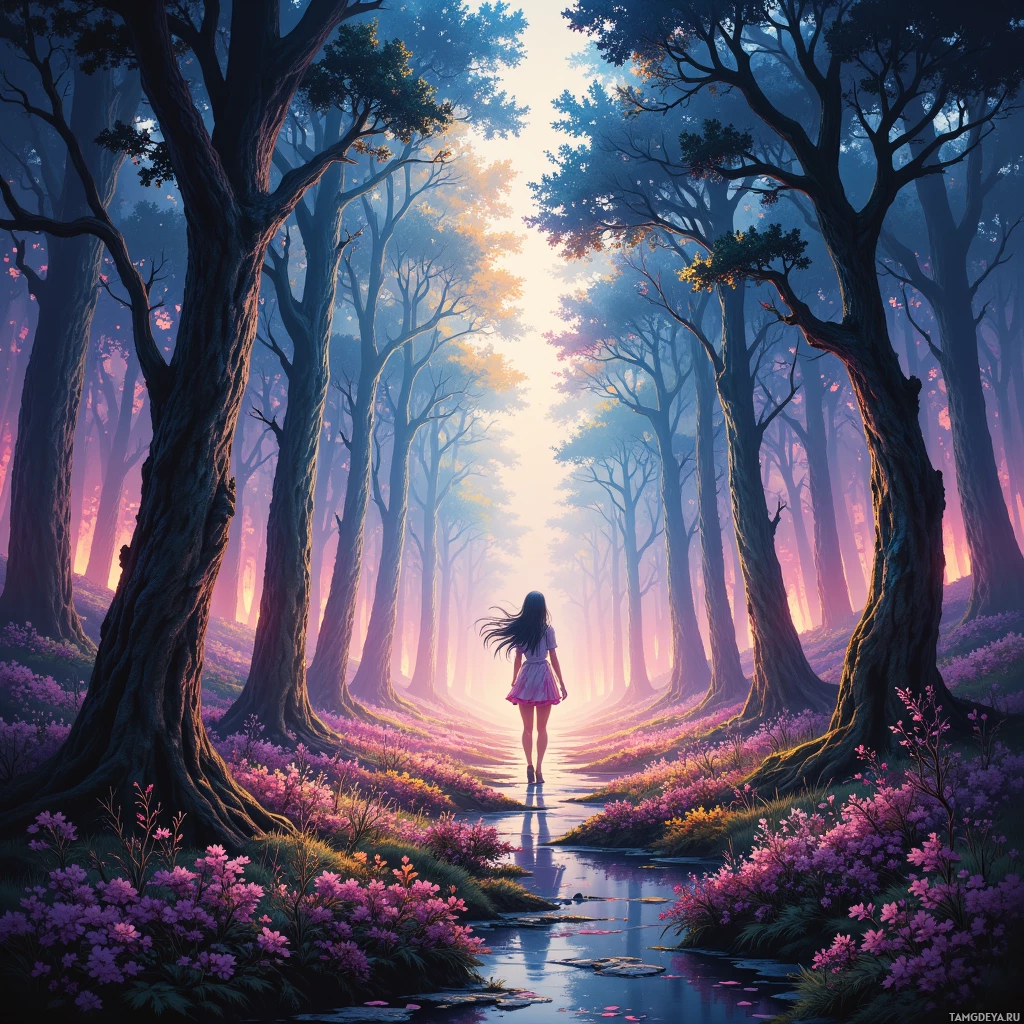 A serene forest scene with a person walking along a path lined by tall trees and vibrant purple flowers.