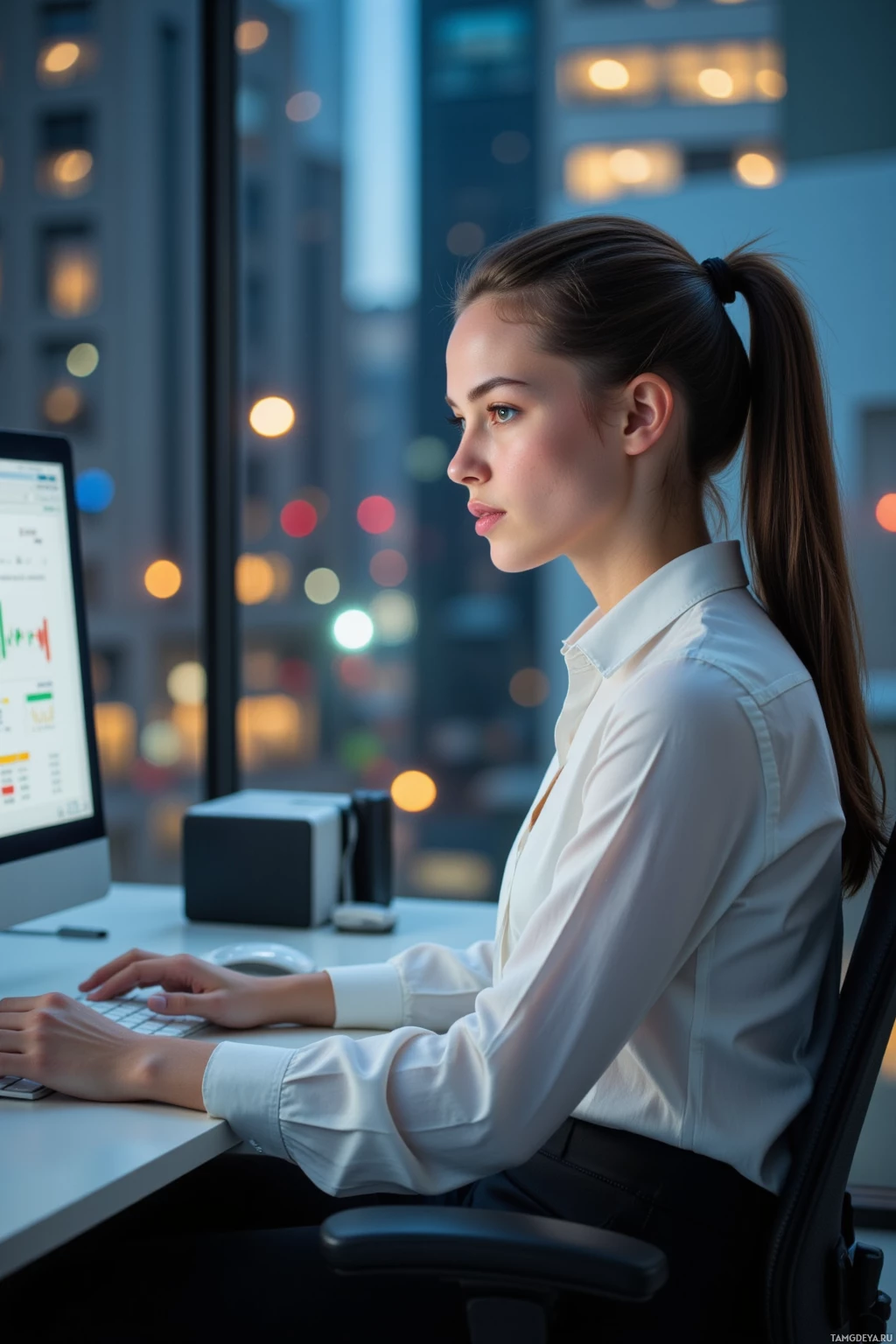 A woman in a white shirt works at a computer in a modern office at night.