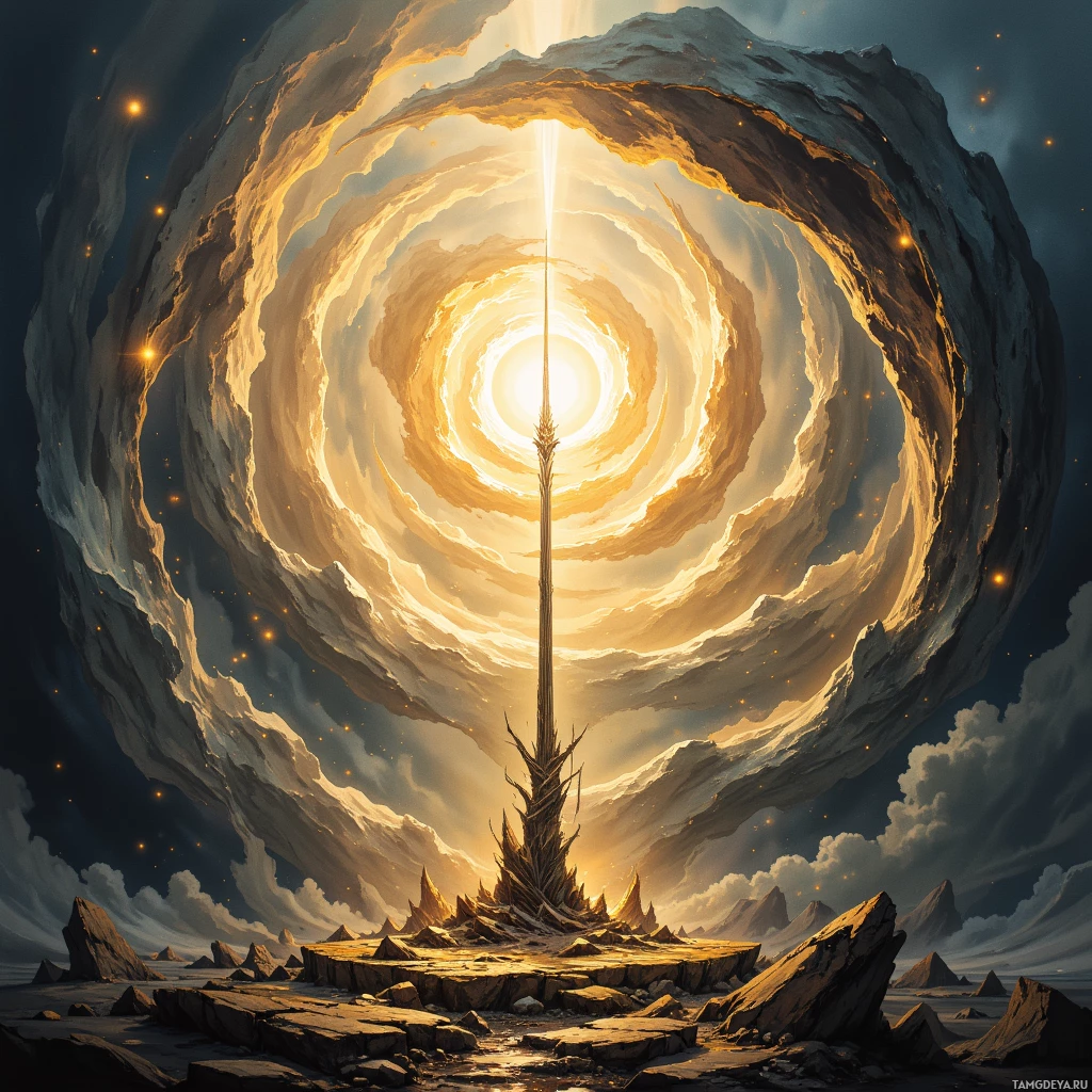 A surreal landscape featuring a glowing portal surrounded by rocky terrain and distant mountains under a starry sky.