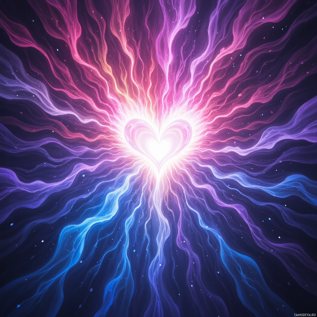 A radiant heart-shaped burst of light with colorful, wavy lines radiating outward against a dark background.