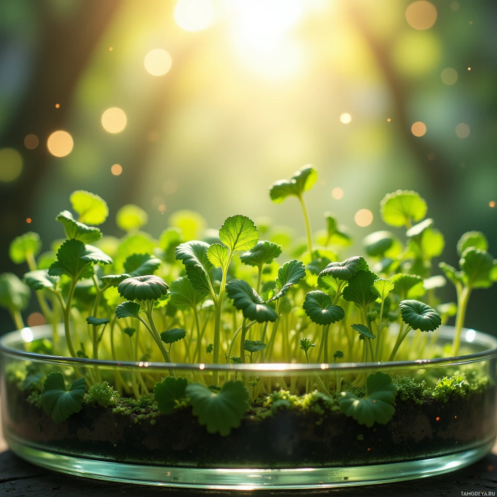 A glass bowl filled with soil and small green plants bathed in sunlight.