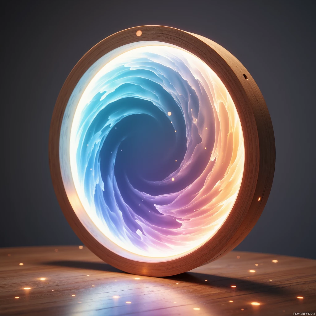 A glowing circular portal with swirling colors and light particles on a wooden surface.