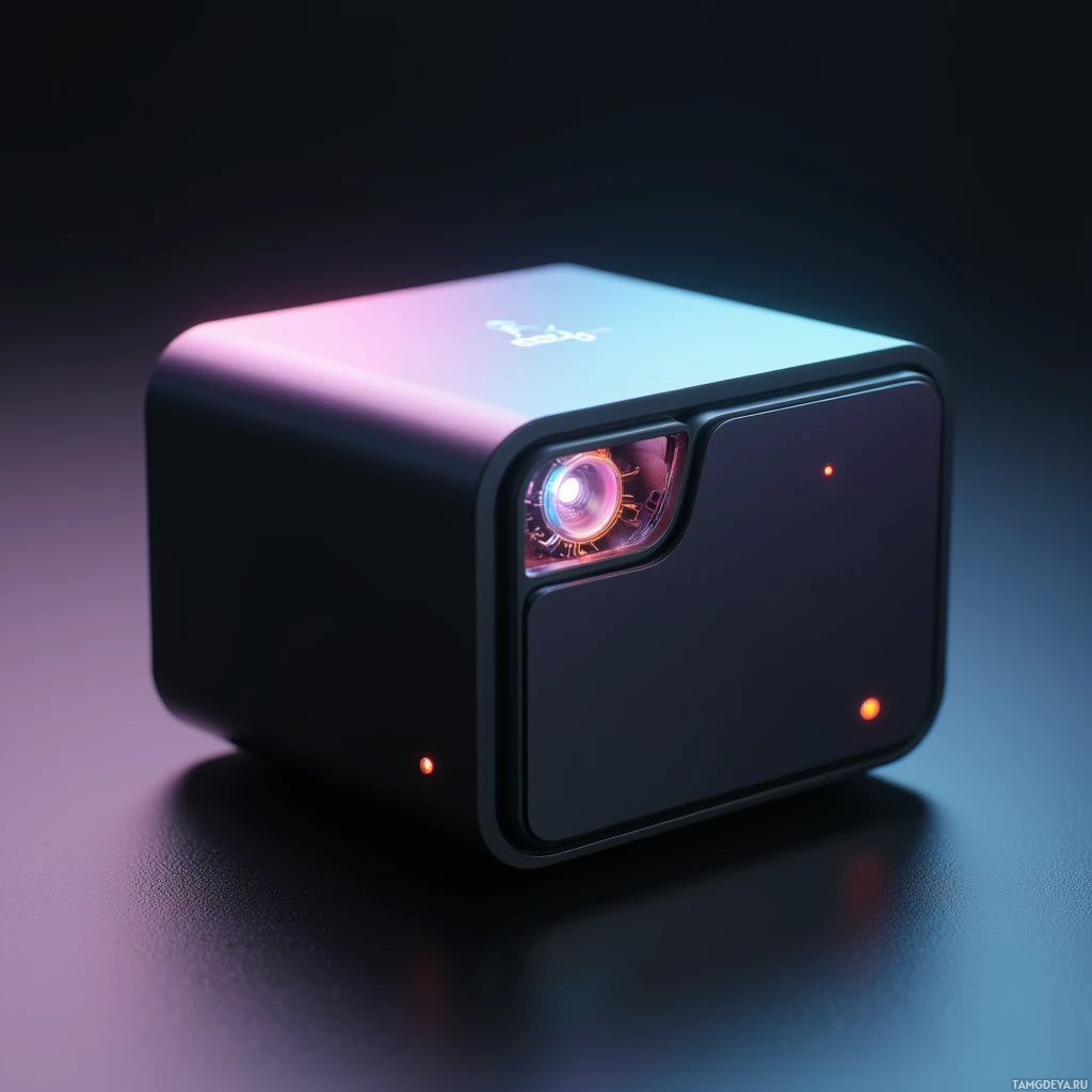A sleek, modern projector with a glowing lens and small indicator lights.