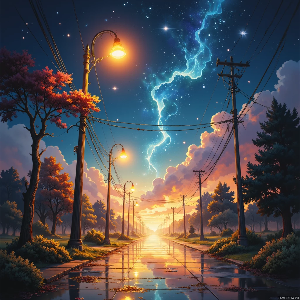 A vibrant nighttime scene with glowing streetlights, colorful trees, and a dramatic sky with lightning.