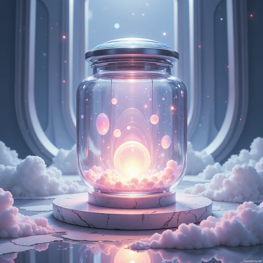 A glowing, ethereal scene featuring a glass jar with a radiant light inside, set against a backdrop of soft clouds and a futuristic, circular structure.