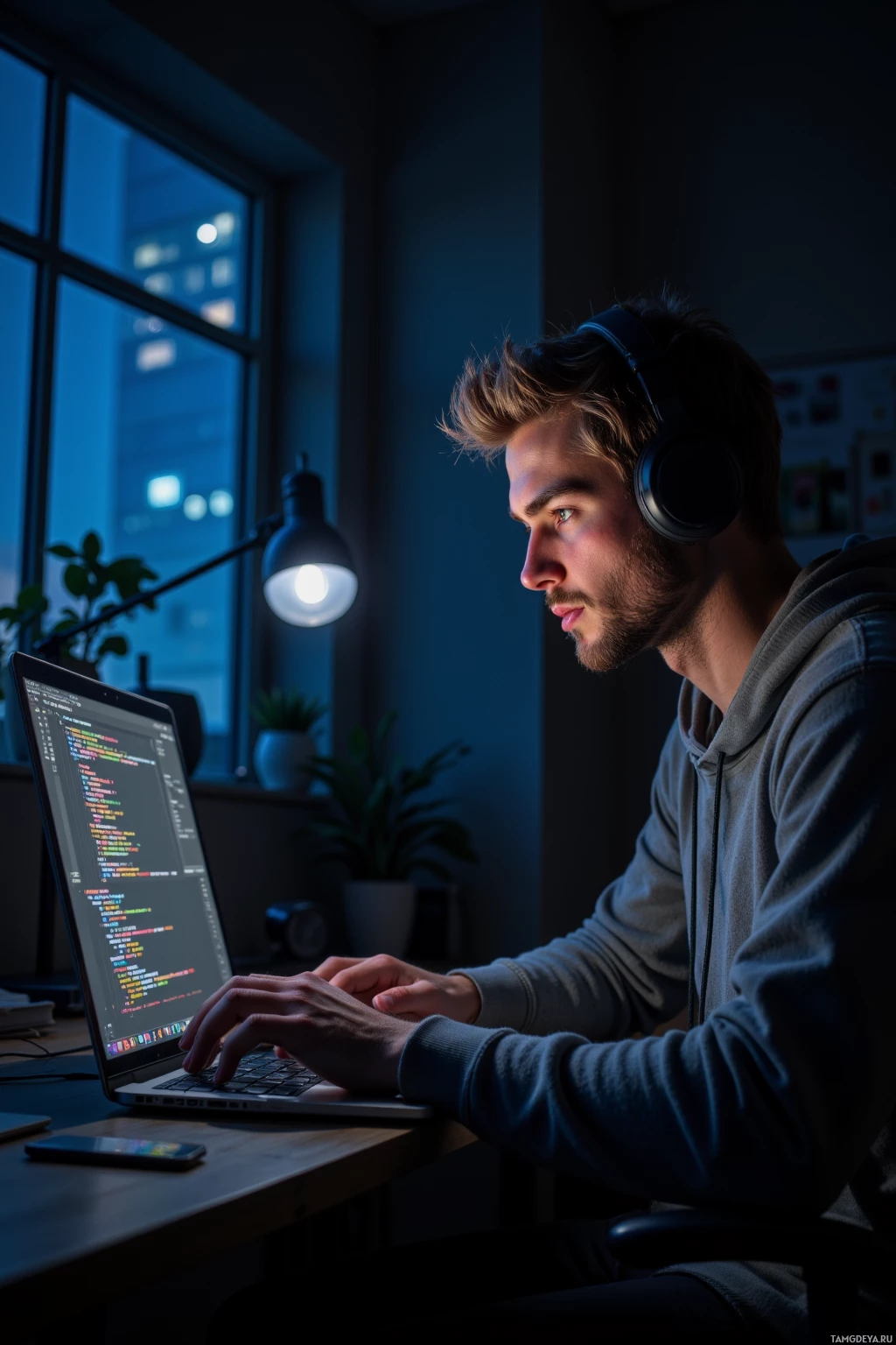 A person wearing headphones works on a laptop at a desk in a dimly lit room.