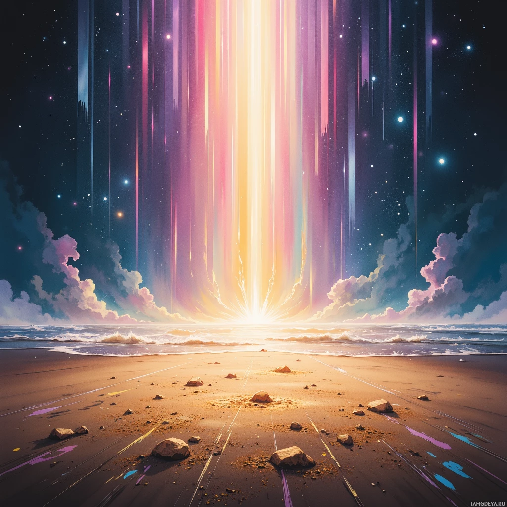 A vibrant, surreal beach scene with a glowing, colorful light beam descending from the sky.
