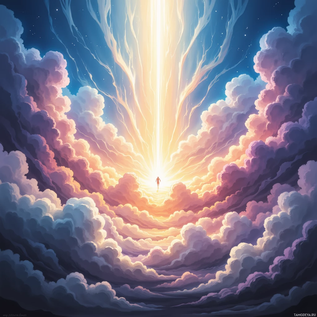 A person stands at the center of a radiant light beam surrounded by swirling clouds.