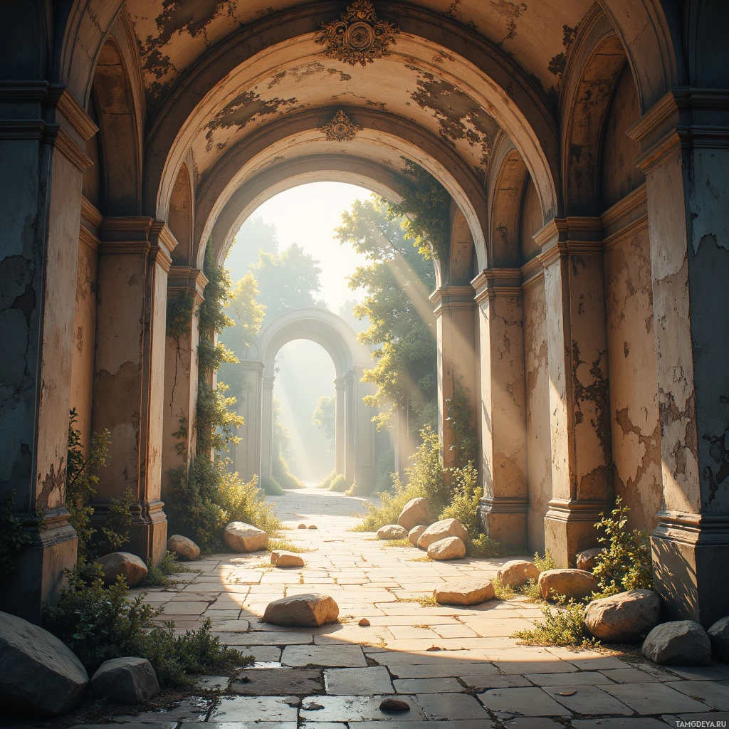 A sunlit pathway lined with arches and overgrown with plants leads to a bright, open area.