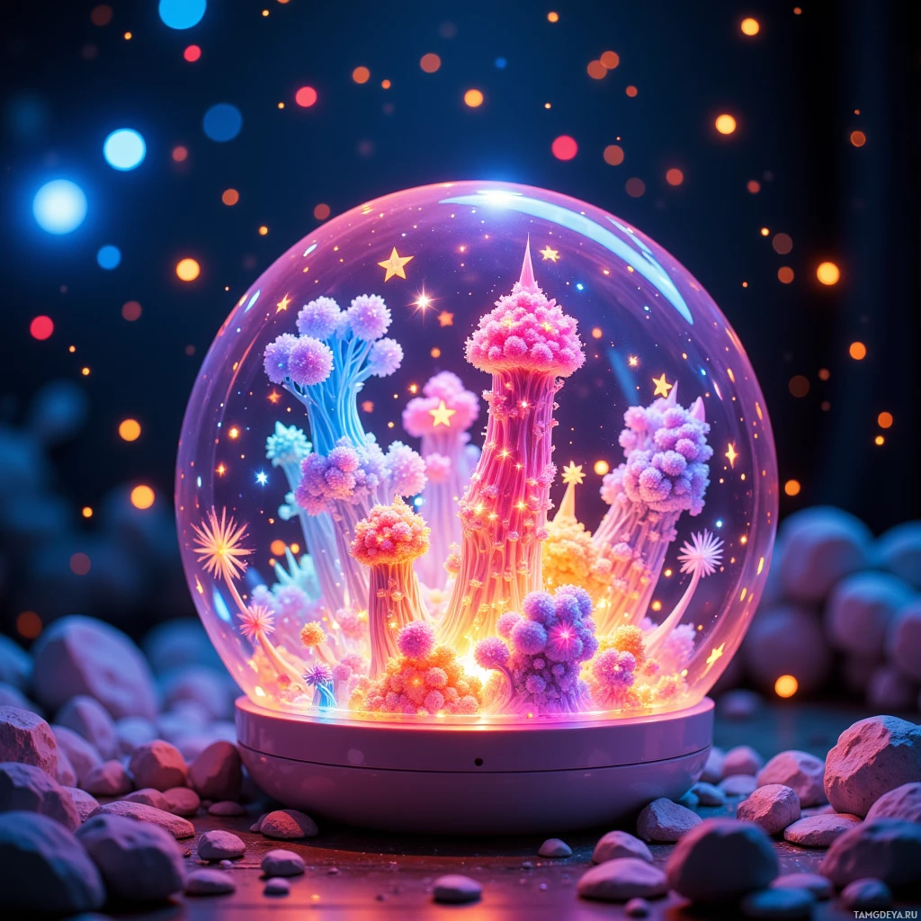 A glowing crystal ball with colorful, fluffy plants and stars inside, surrounded by rocks.
