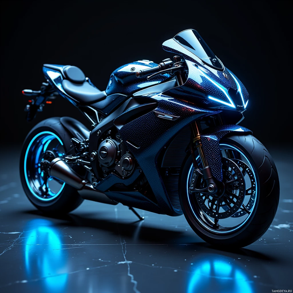 A sleek black motorcycle with glowing blue accents is displayed against a dark background.
