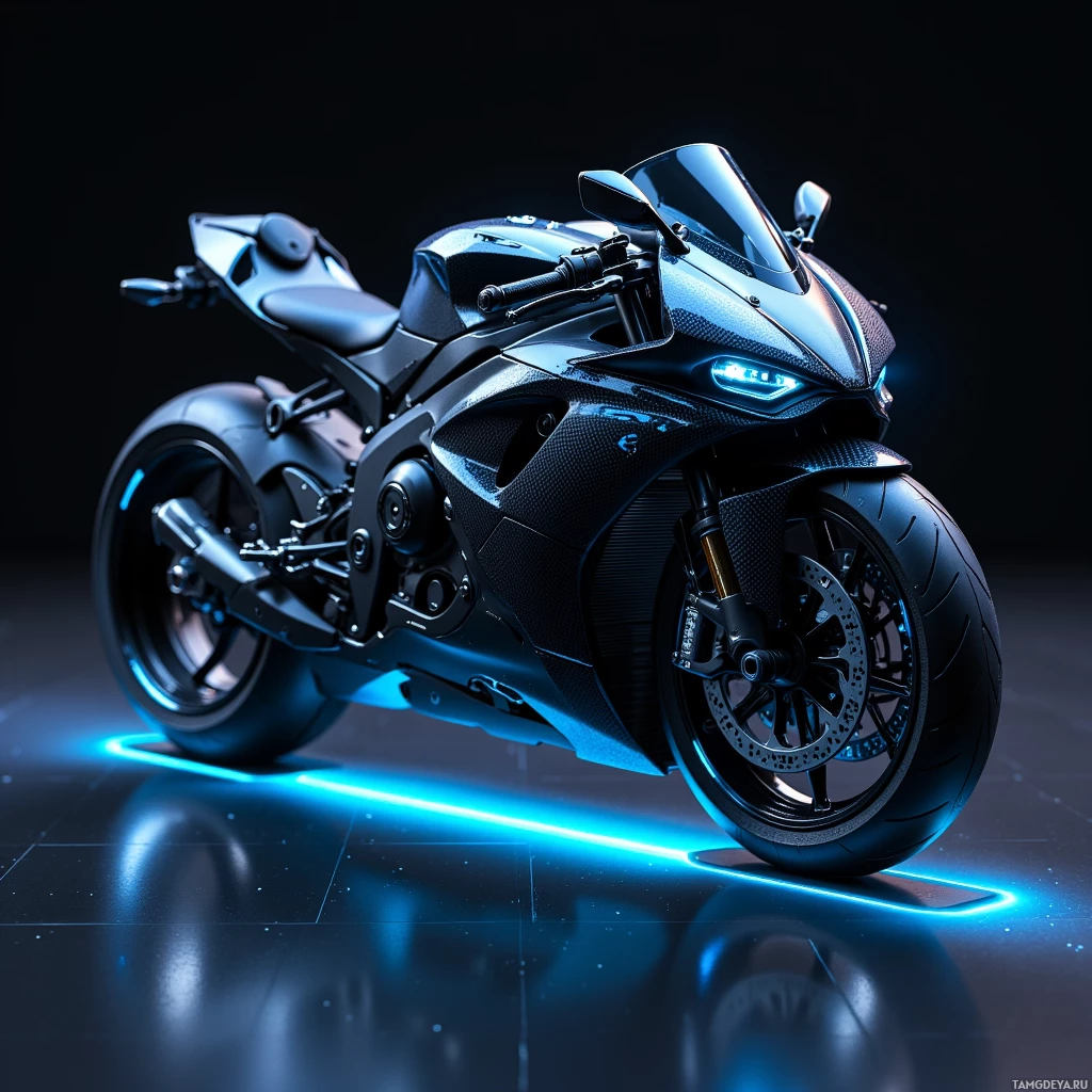 A sleek, futuristic motorcycle with glowing blue accents is displayed against a dark background.