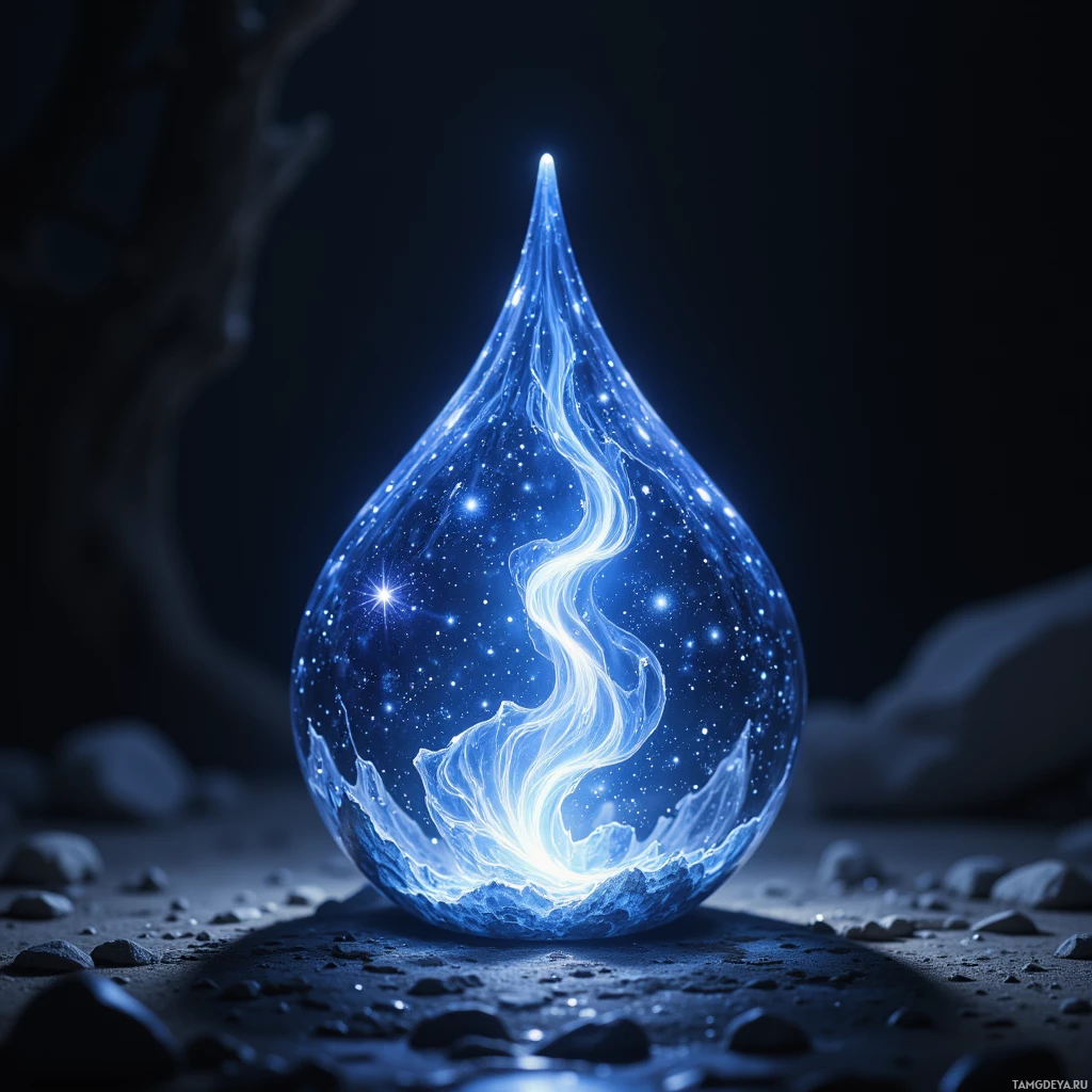 A glowing, teardrop-shaped object with a starry interior rests on a dark, rocky surface.