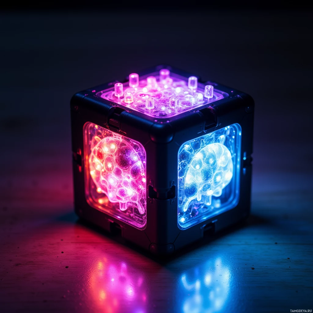 A glowing, multi-colored cube with illuminated interior.