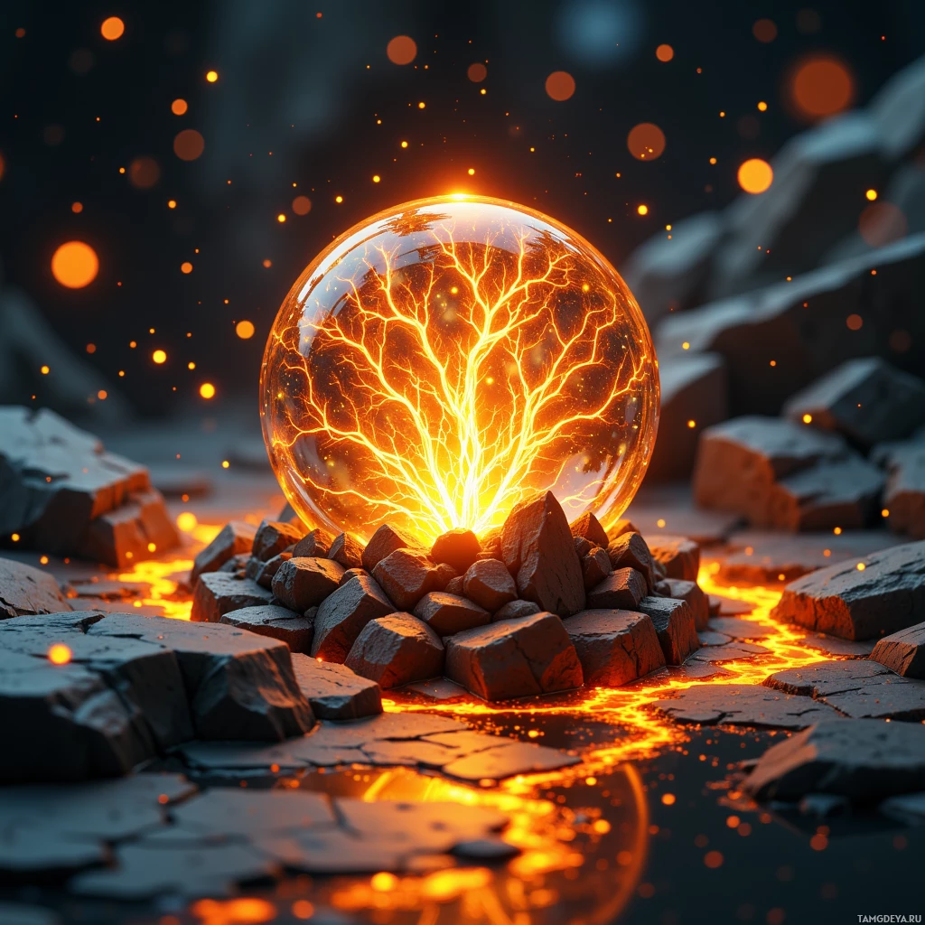 A glowing crystal ball with an intricate tree-like pattern inside is surrounded by molten lava and rocky terrain.