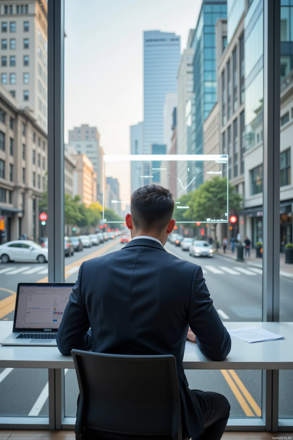 Realistic high quality photo. A composed 32‑year‑old man with short slicked‑back black hair, pale skin, rimless glasses, wearing a tailored suit, sits at a spotless modern office desk beside a large window overlooking a quiet city intersection, studying a strategic board projected on the glass, with soft late afternoon light illuminating the scene.